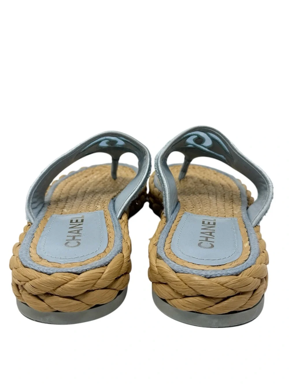 Chanel CC Terry Blue Thong Raffia Flat Slide Flip Flop Sandals Size 40.5